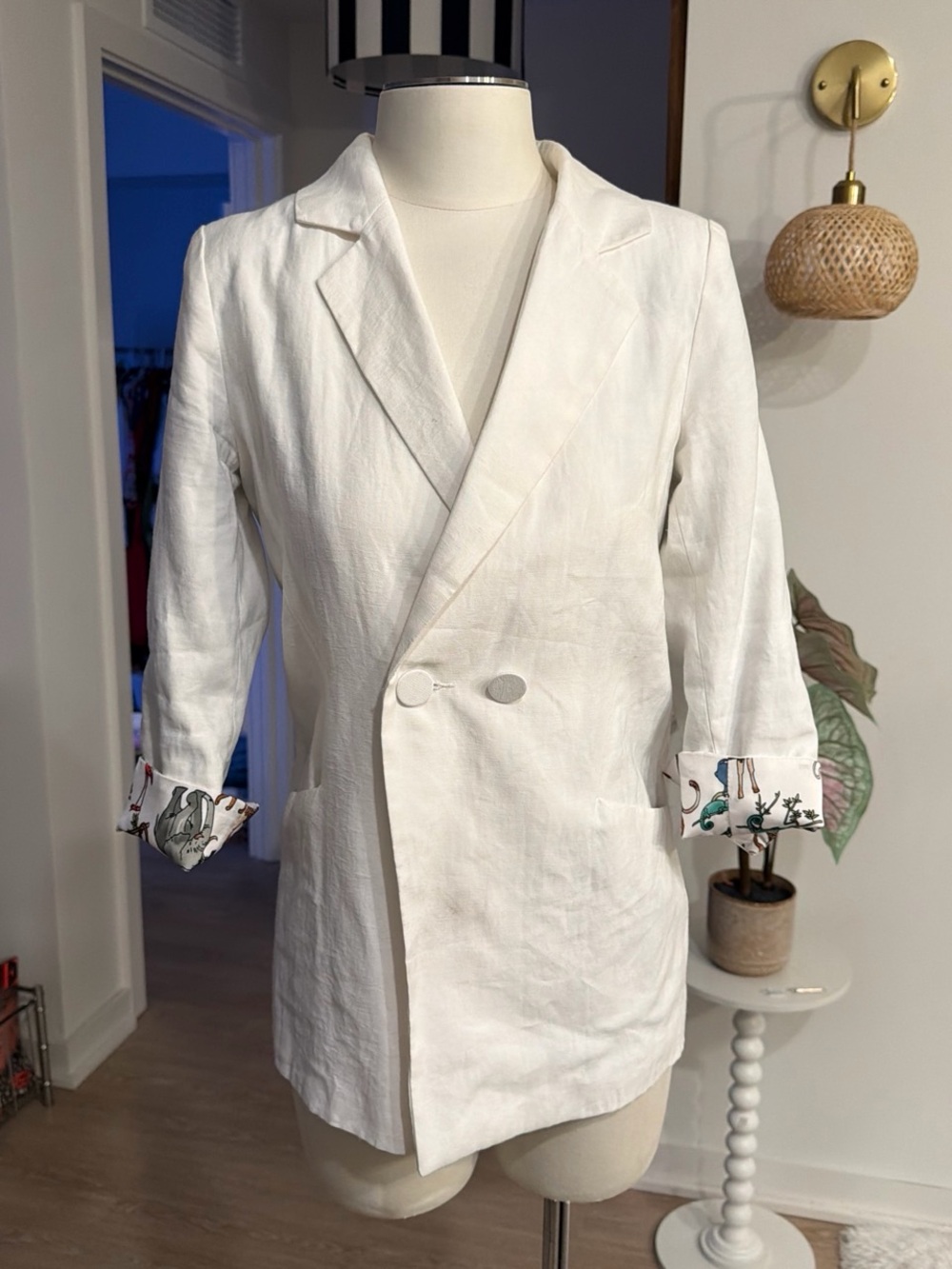 White Double-Button Linen Blend Blazer